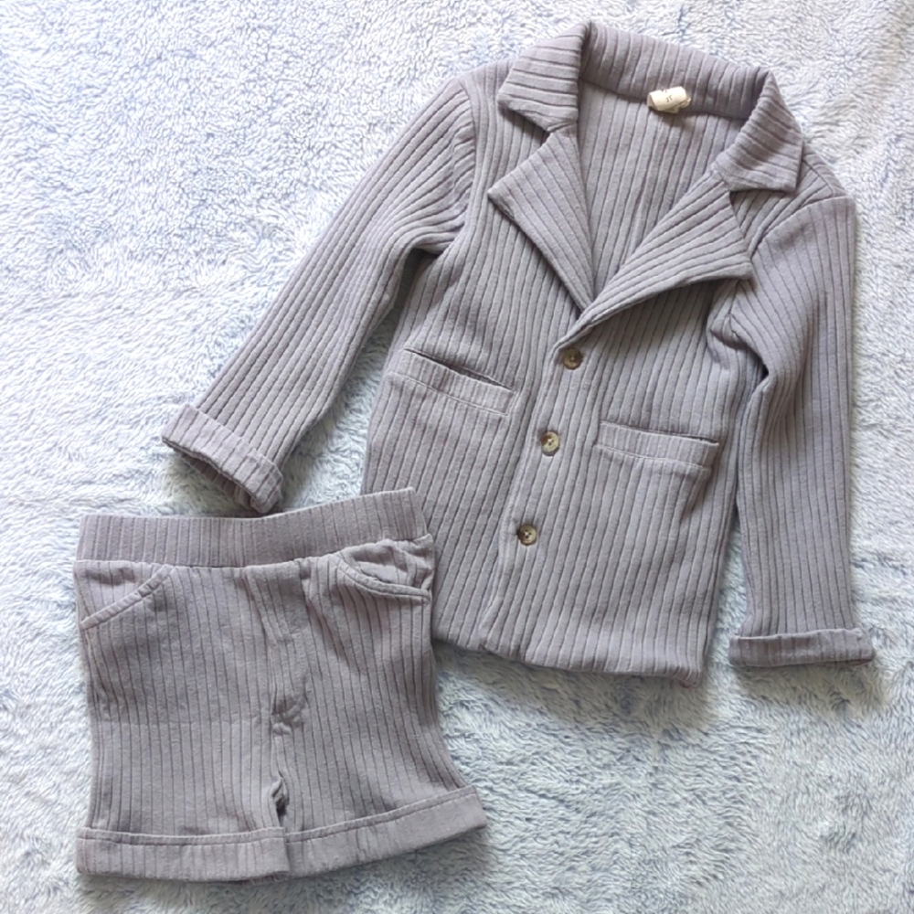2T Set Kate Quinn Platinum Cotton Wide Rib Suit Jacket Blazer Cuffed Shorts Gray